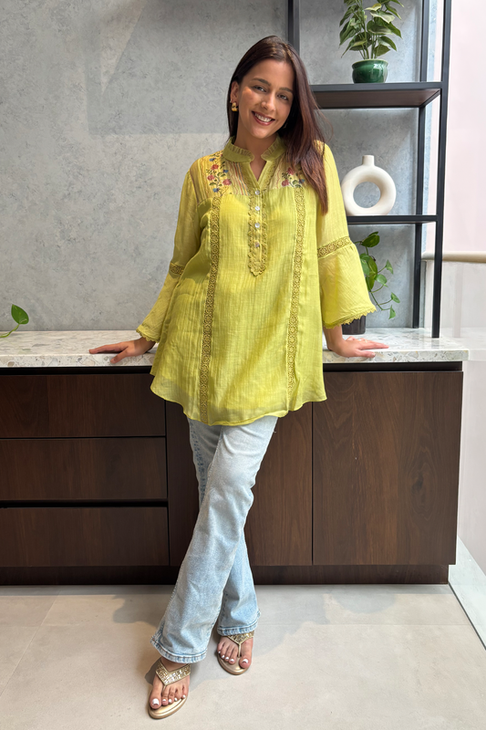 Lime Green Chanderi Shirt with Floral shoulder yoke