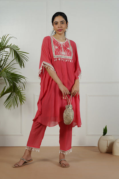 Bright Coral Kaftan Set with embroidered yoke