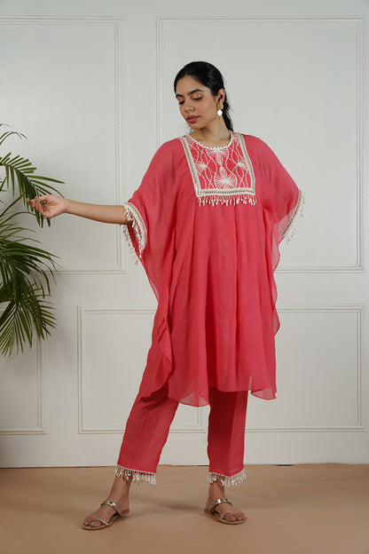 Bright Coral Kaftan Set with embroidered yoke