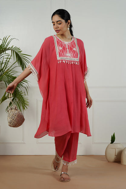 Bright Coral Kaftan Set with embroidered yoke