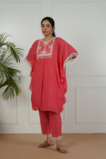 Bright Coral Kaftan Set with embroidered yoke