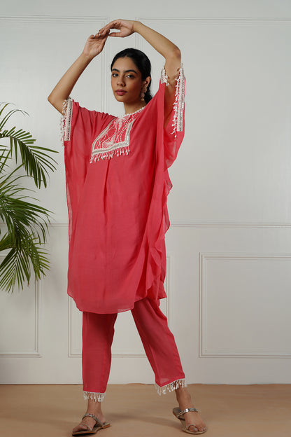 Bright Coral Kaftan Set with embroidered yoke