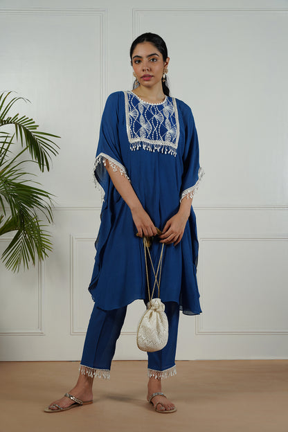 Bright Ink Blue Kaftan Set with embroidered yoke