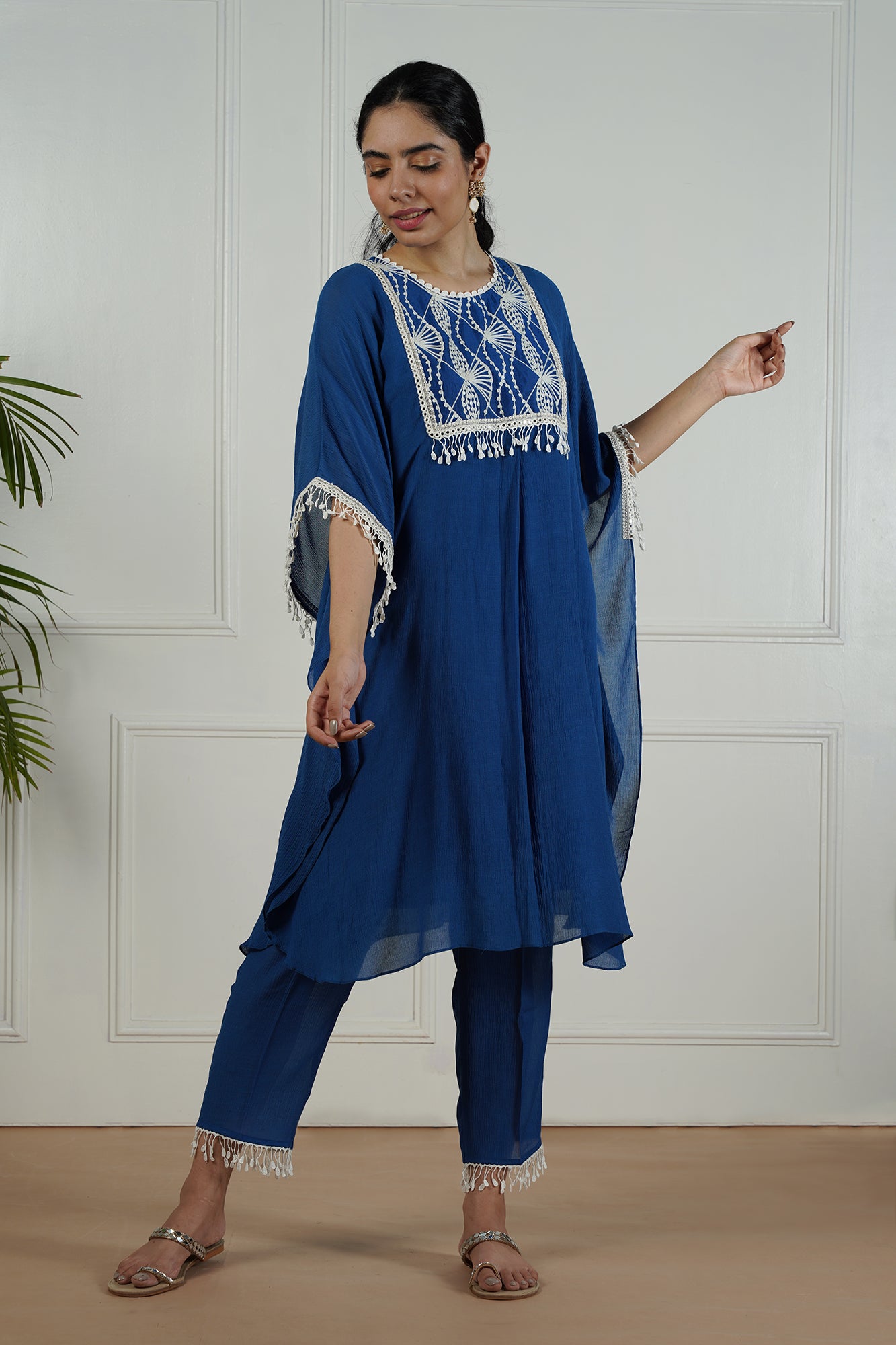 Bright Ink Blue Kaftan Set with embroidered yoke