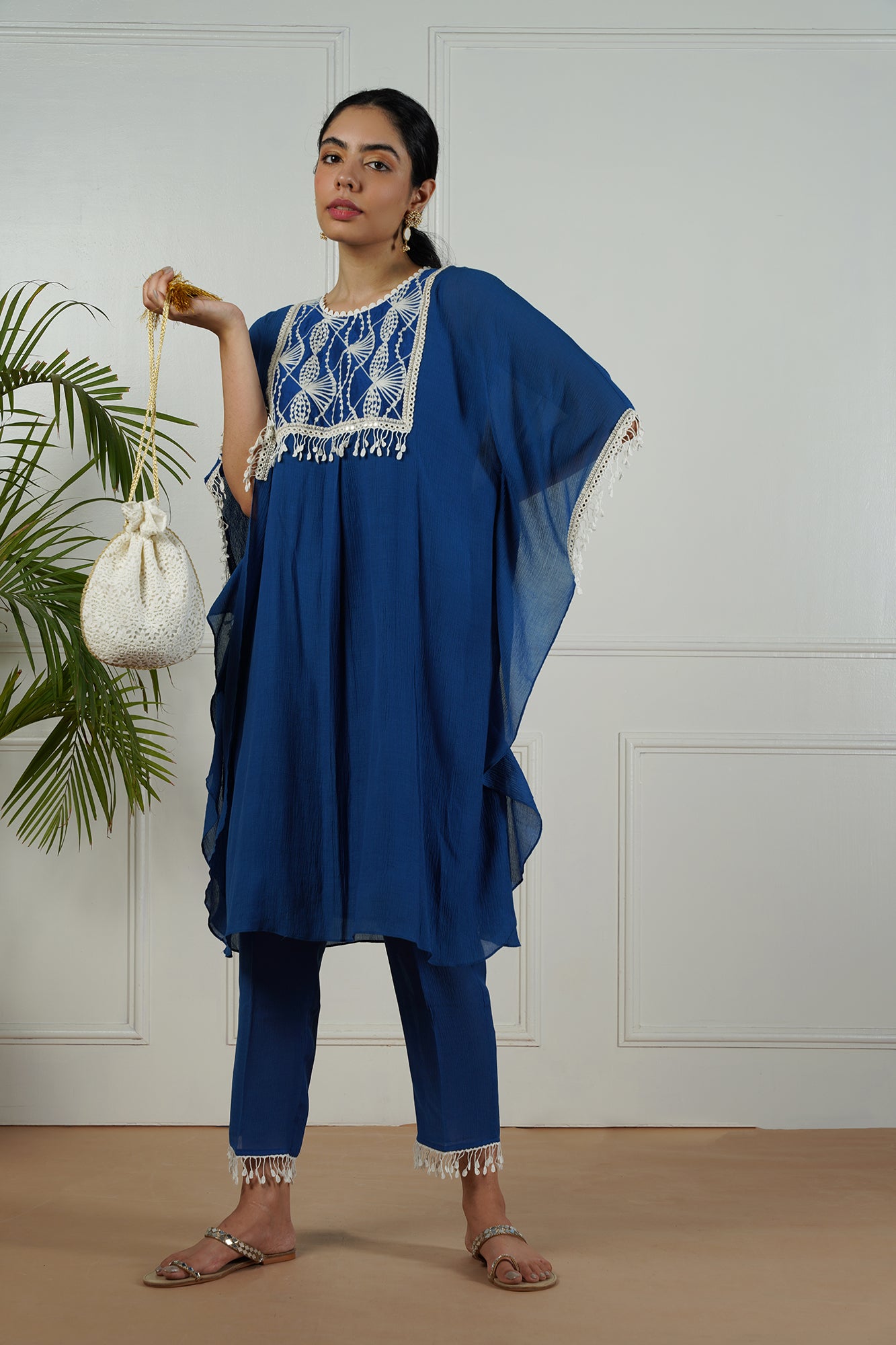 Bright Ink Blue Kaftan Set with embroidered yoke