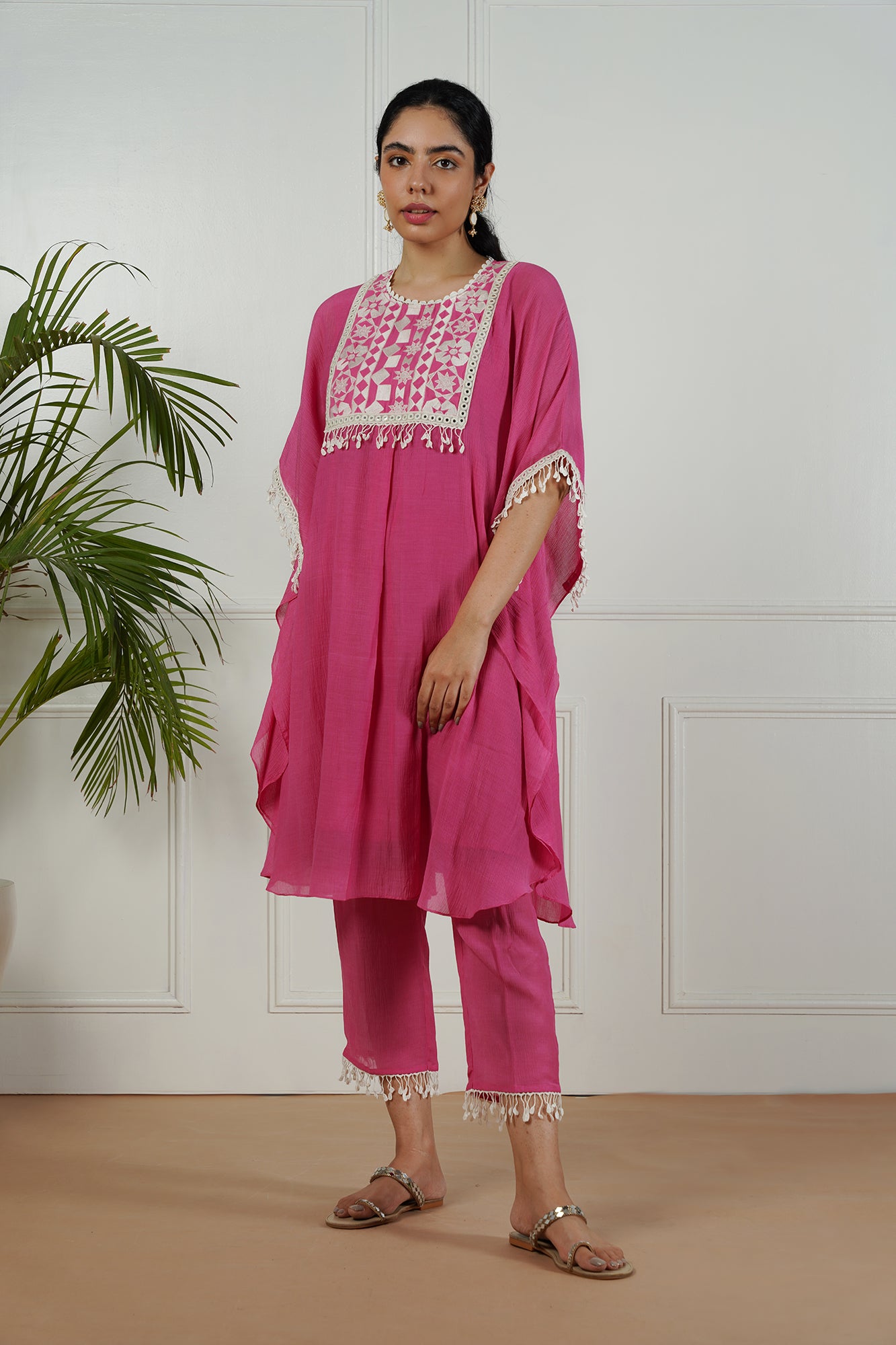 Bubble Gum Pink Bright Kaftan Set with embroidered yoke
