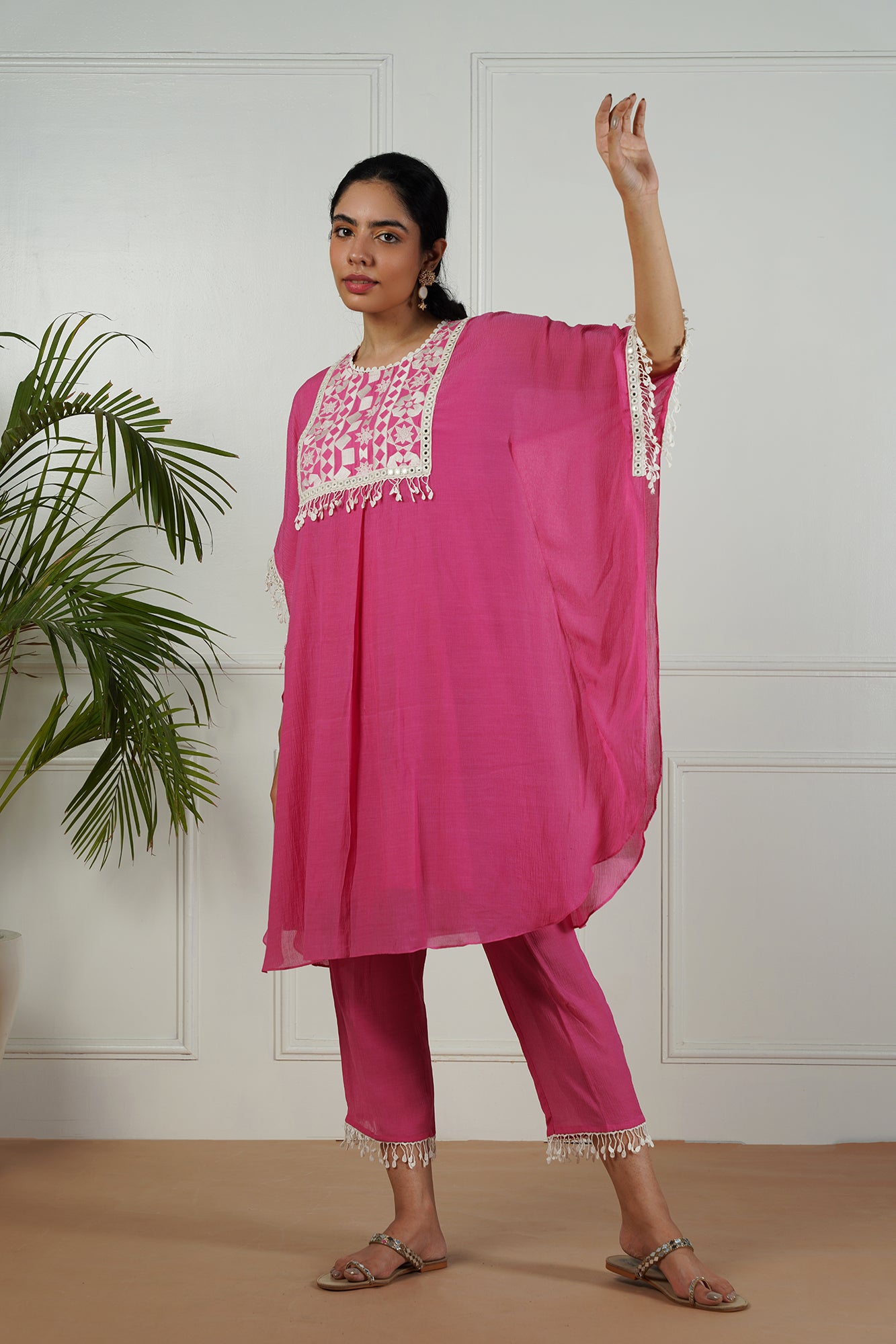 Bubble Gum Pink Bright Kaftan Set with embroidered yoke