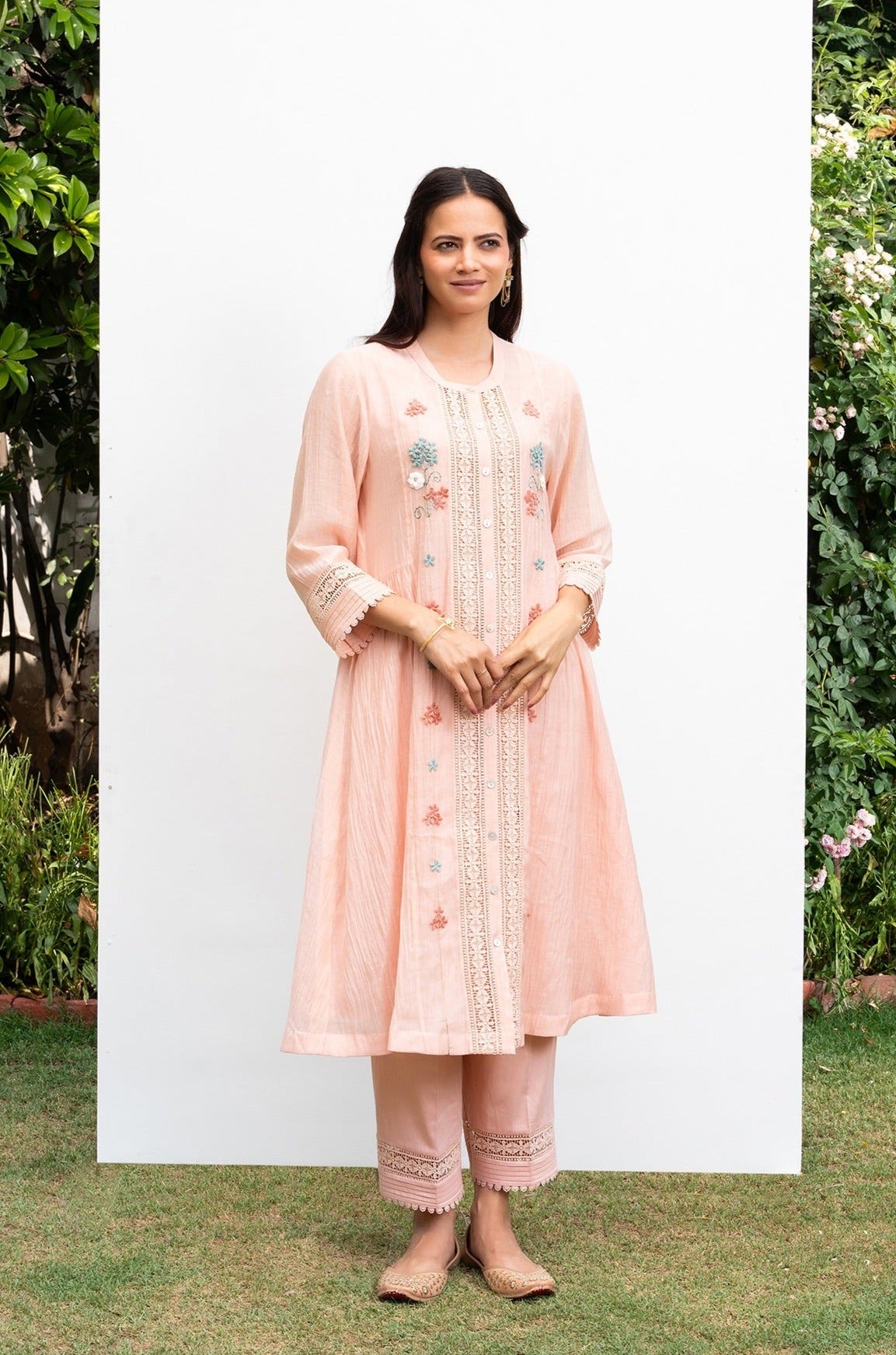 Peach Button Down Gathered Chanderi Kurta Set