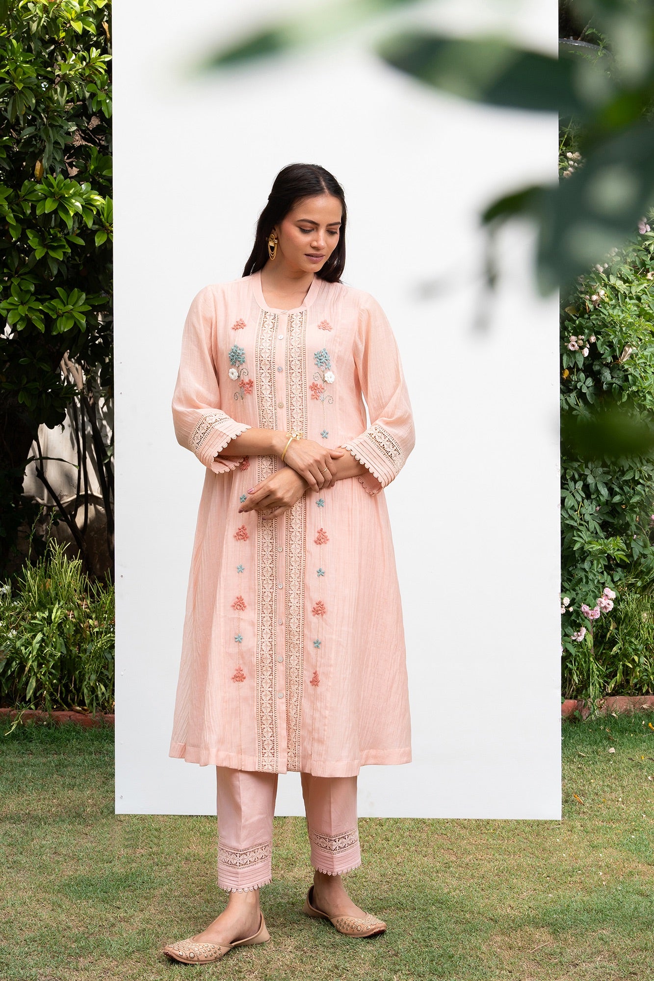 Peach Button Down Gathered Chanderi Kurta Set