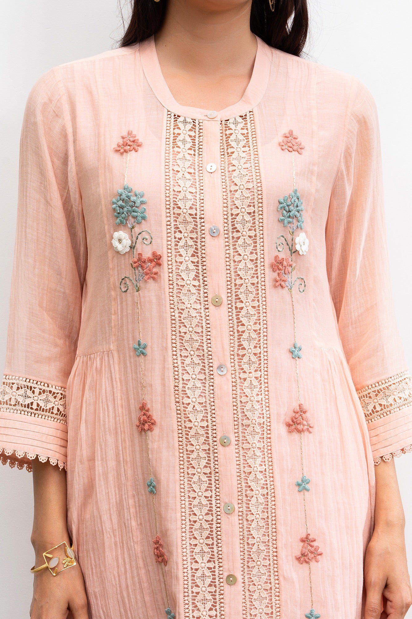 Peach Button Down Gathered Chanderi Kurta Set