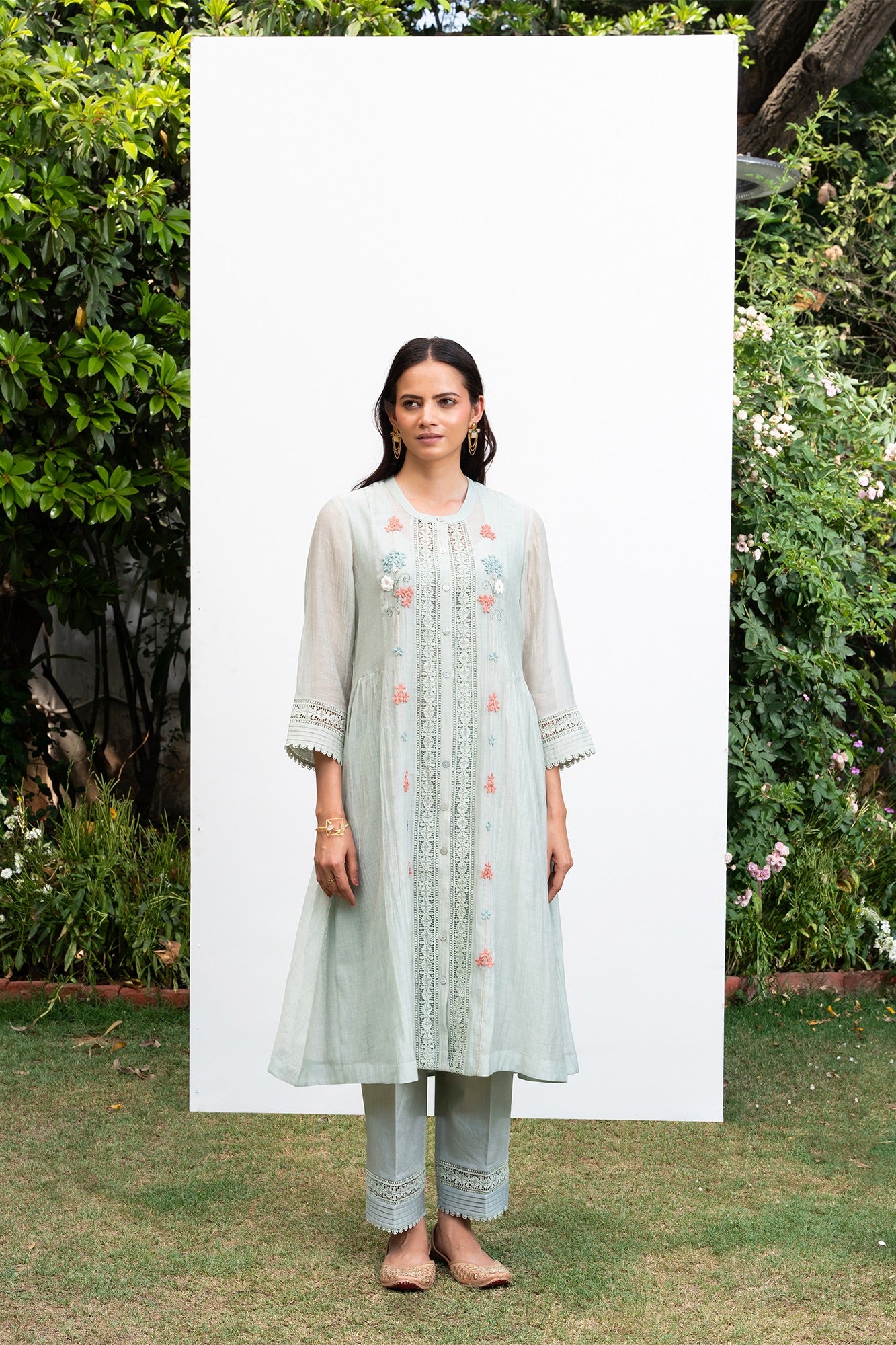 Sea-Green Button Down Gathered Chanderi Kurta Set