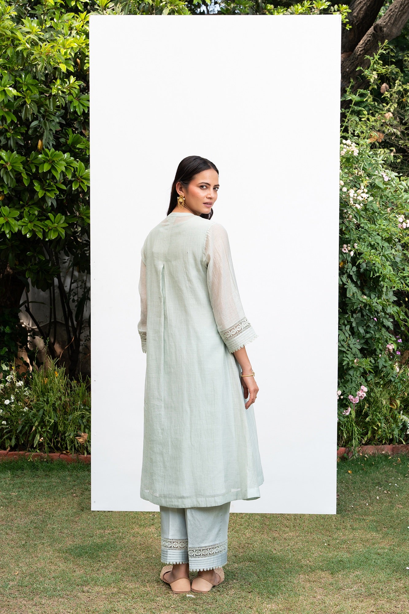 Sea-Green Button Down Gathered Chanderi Kurta Set