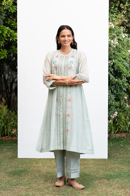 Sea-Green Button Down Gathered Chanderi Kurta Set