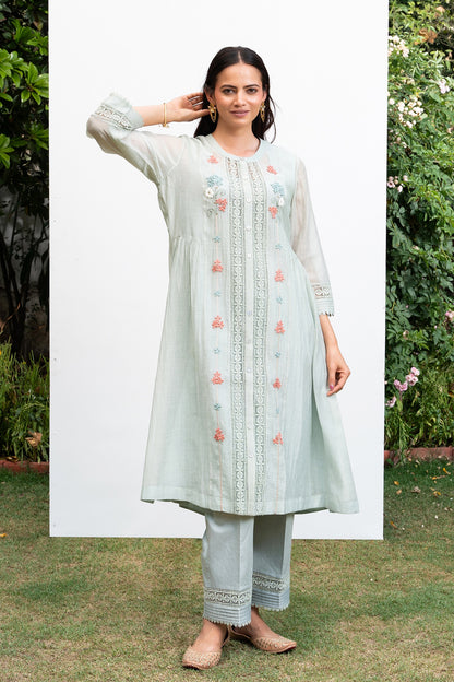 Sea-Green Button Down Gathered Chanderi Kurta Set