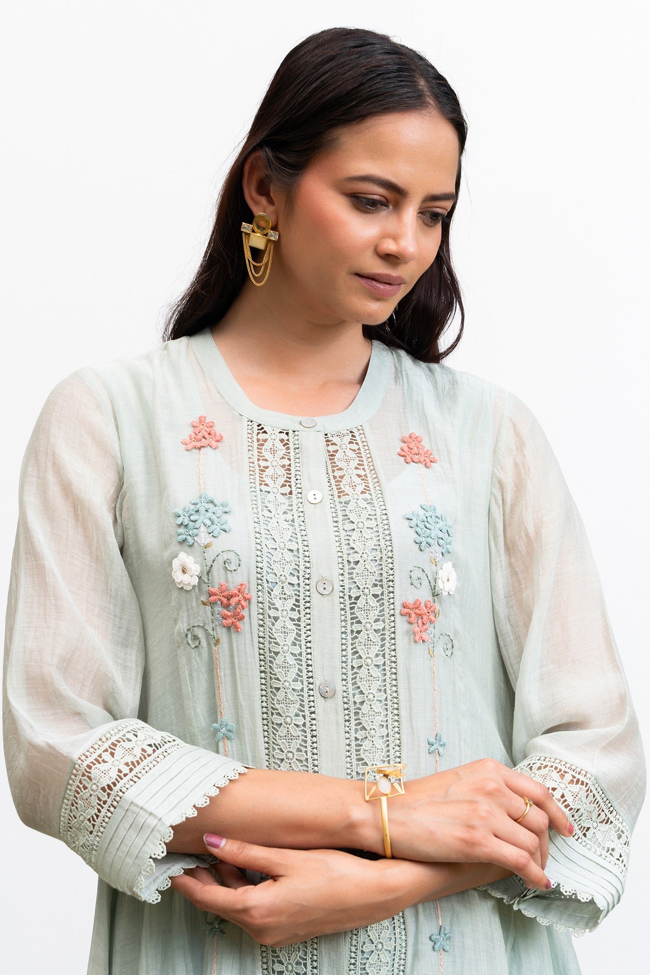 Sea-Green Button Down Gathered Chanderi Kurta Set