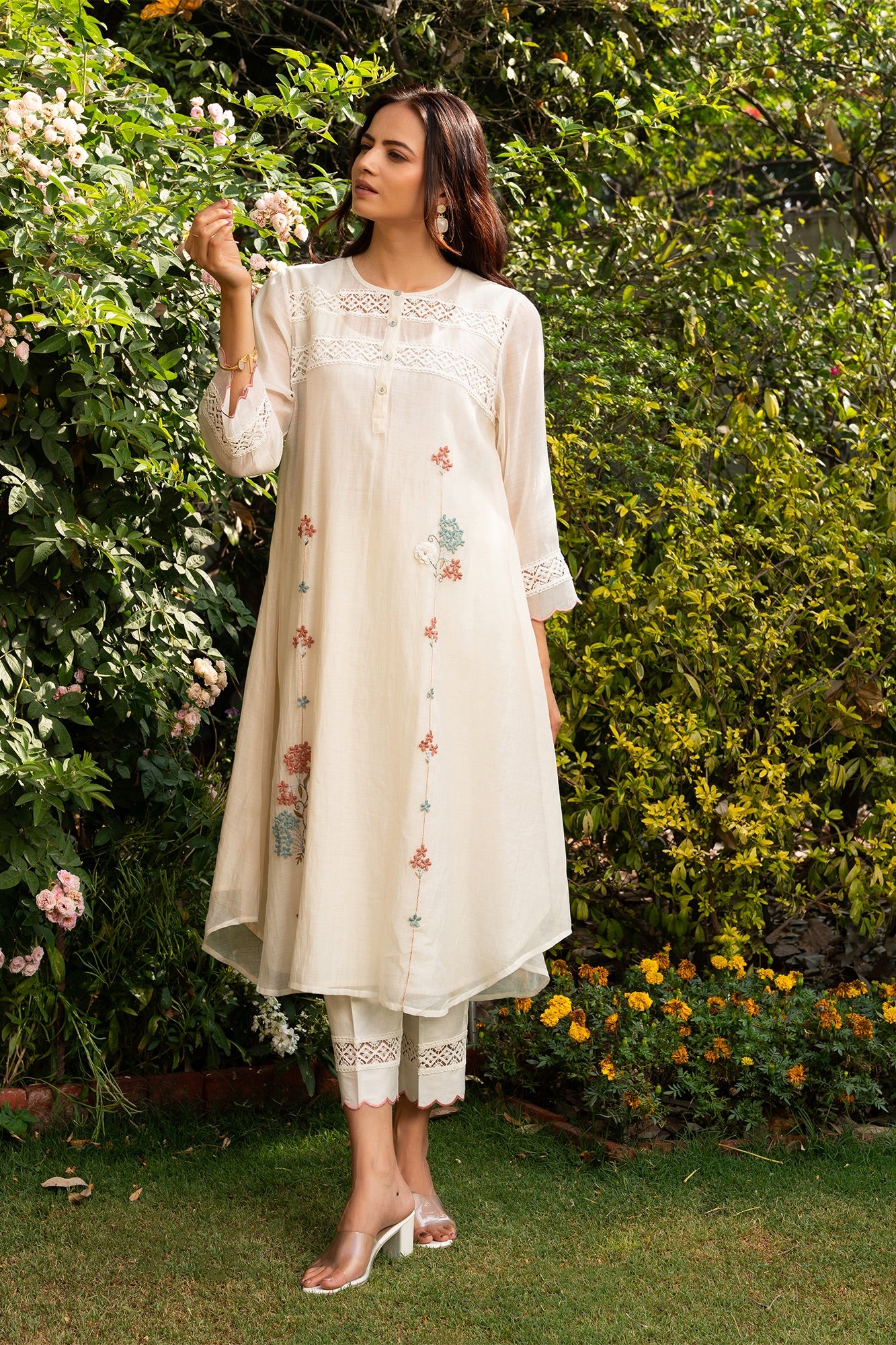 Off-White A line chanderi Kurta Set