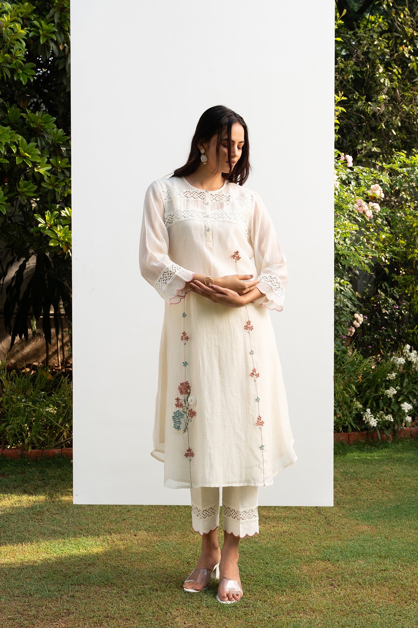 Off-White A line chanderi Kurta Set