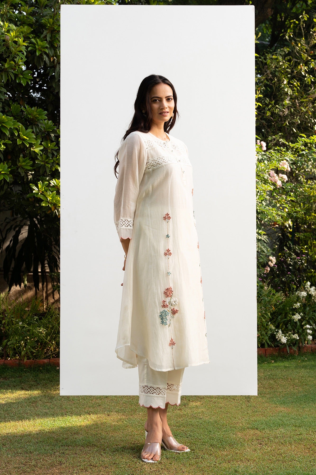 Off-White A line chanderi Kurta Set