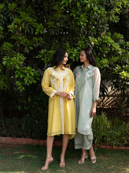 Sea-Green Chanderi Collared Kurta Set