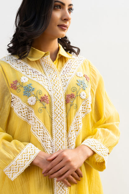 Lemon Yellow Chanderi Collared Kurta Set