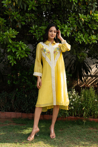 Lemon Yellow Chanderi Collared Kurta Set