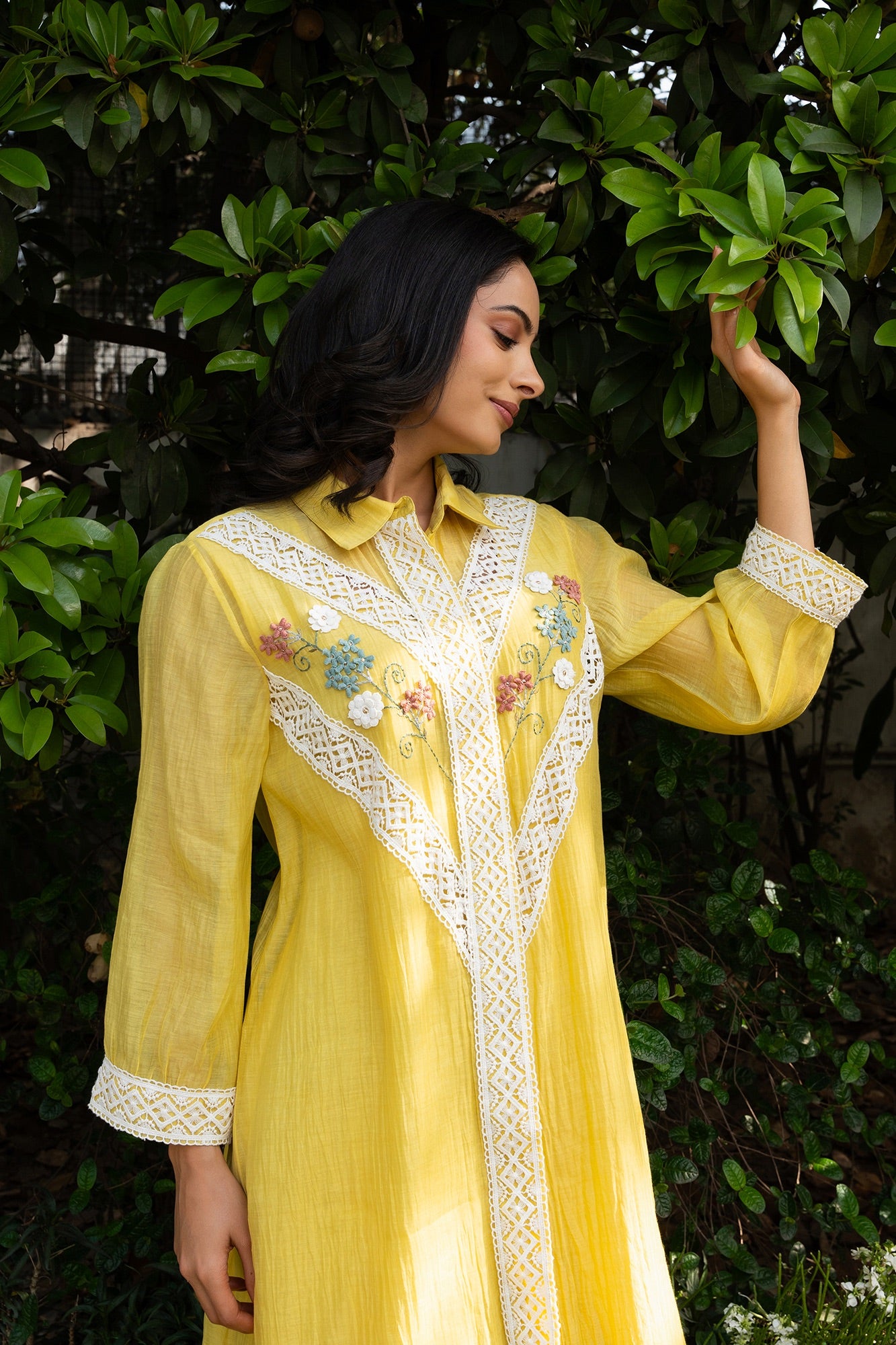 Lemon Yellow Chanderi Collared Kurta Set