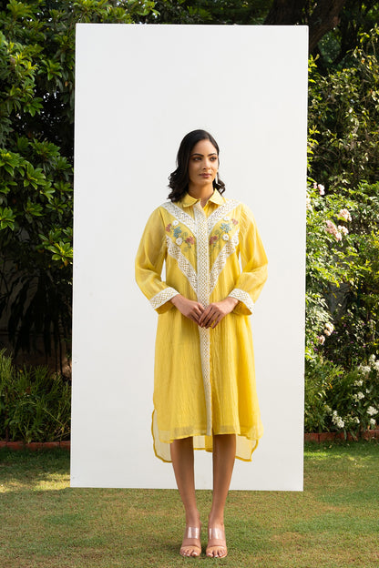 Lemon Yellow Chanderi Collared Kurta Set