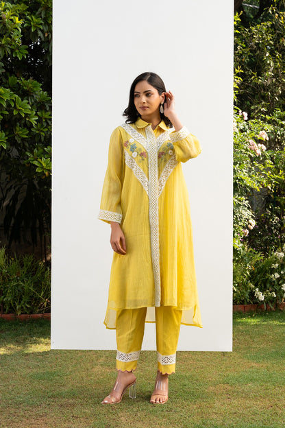 Lemon Yellow Chanderi Collared Kurta Set