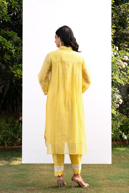 Lemon Yellow Chanderi Collared Kurta Set