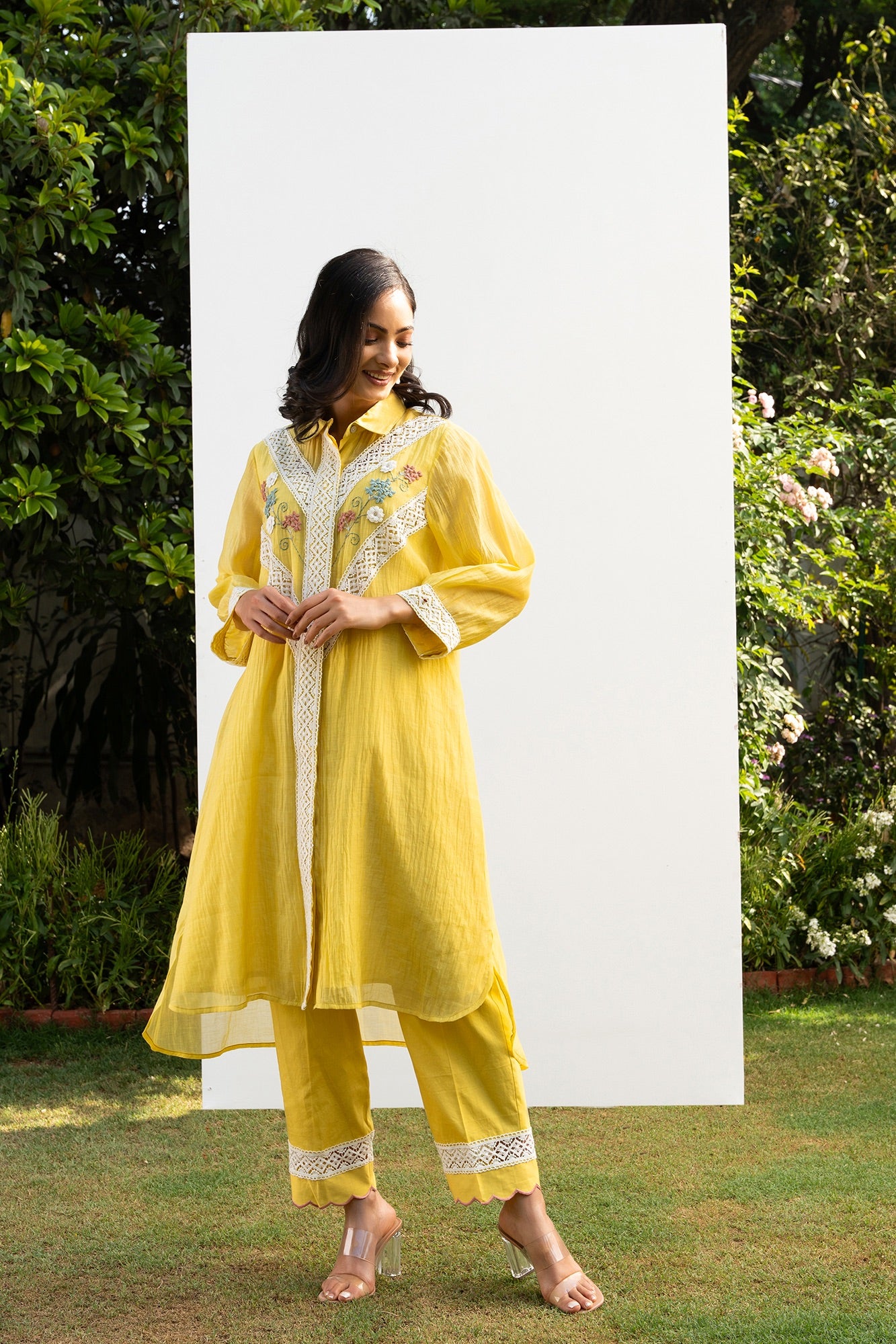 Lemon Yellow Chanderi Collared Kurta Set