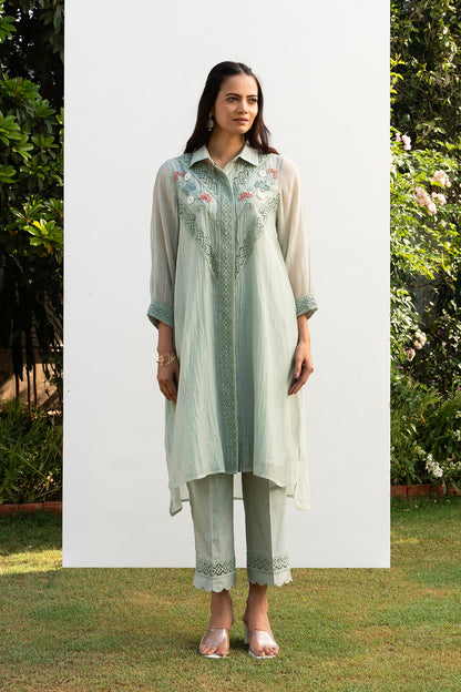 Sea-Green Chanderi Collared Kurta Set