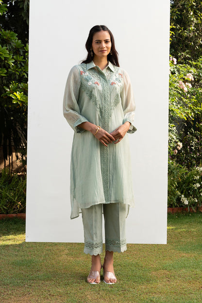 Sea-Green Chanderi Collared Kurta Set