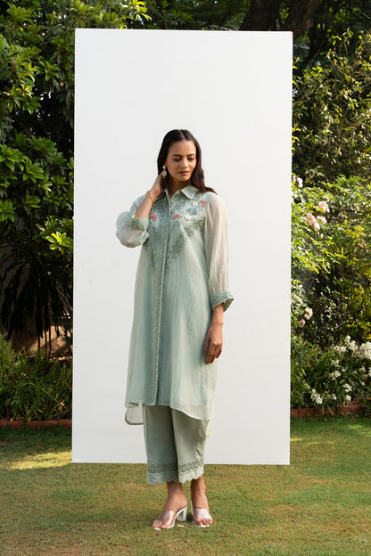 Sea-Green Chanderi Collared Kurta Set