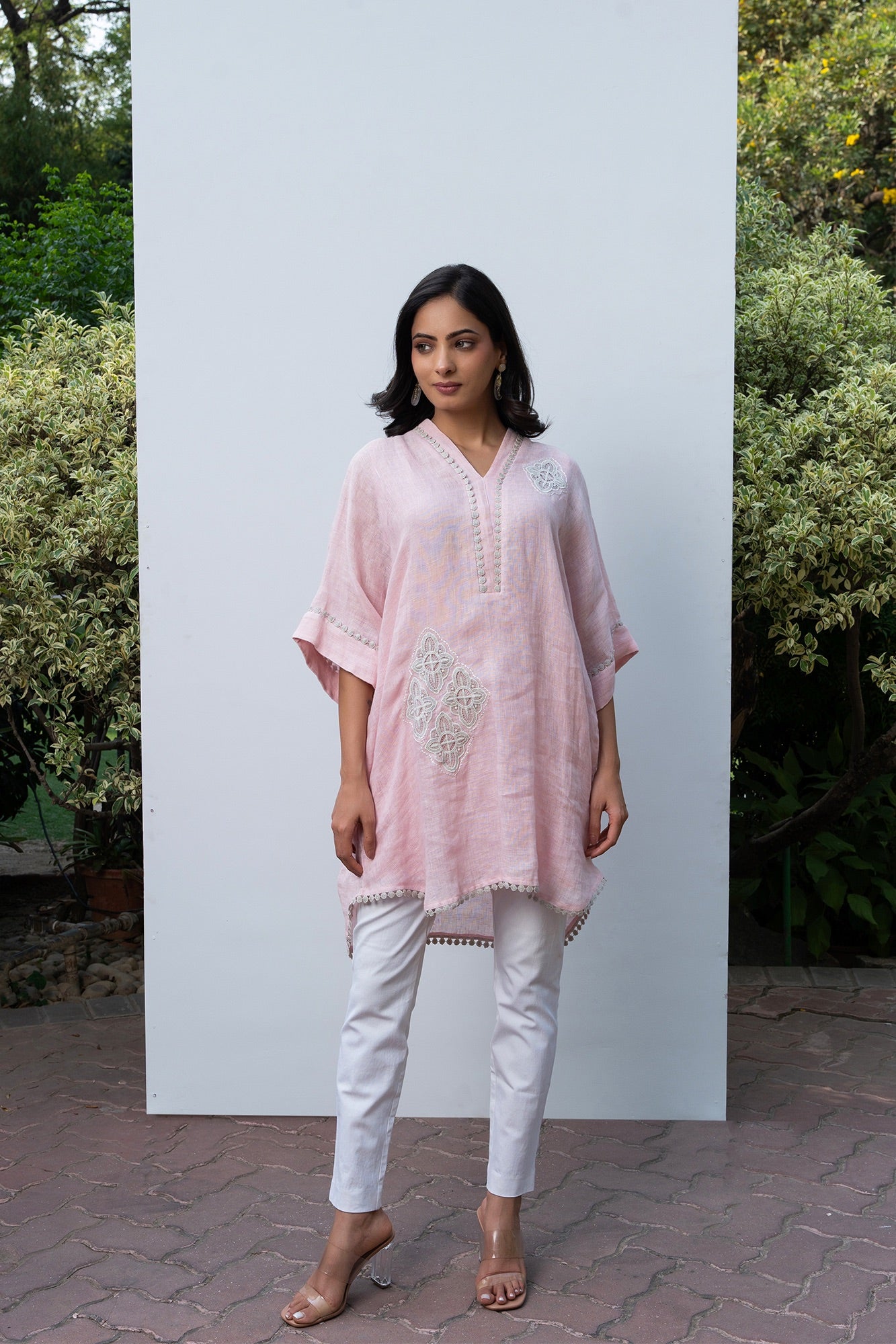 Pink Linen Kaftan Kurta Set