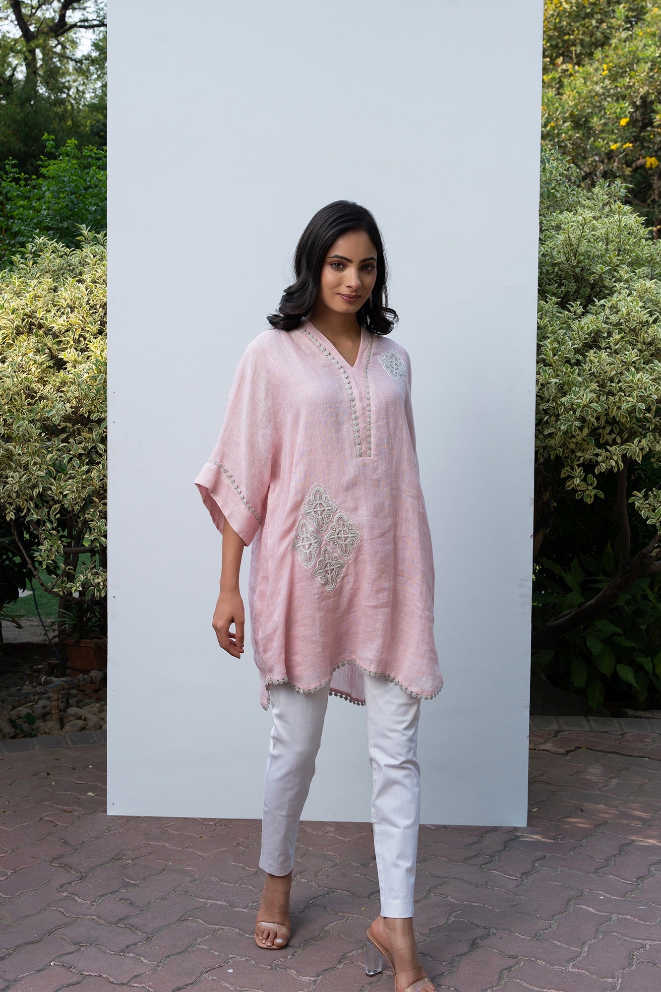 Pink Linen Kaftan Kurta Set