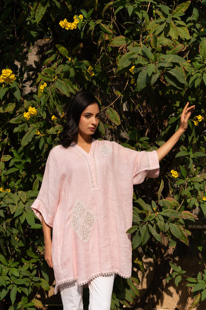 Pink Linen Kaftan Kurta Set