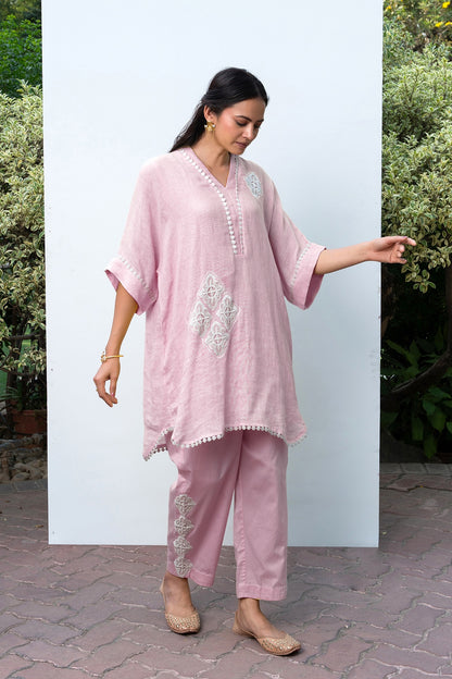 Pink Linen Kaftan Kurta Set