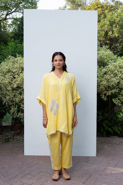 Lemon Yellow Linen Kaftan Kurta Set