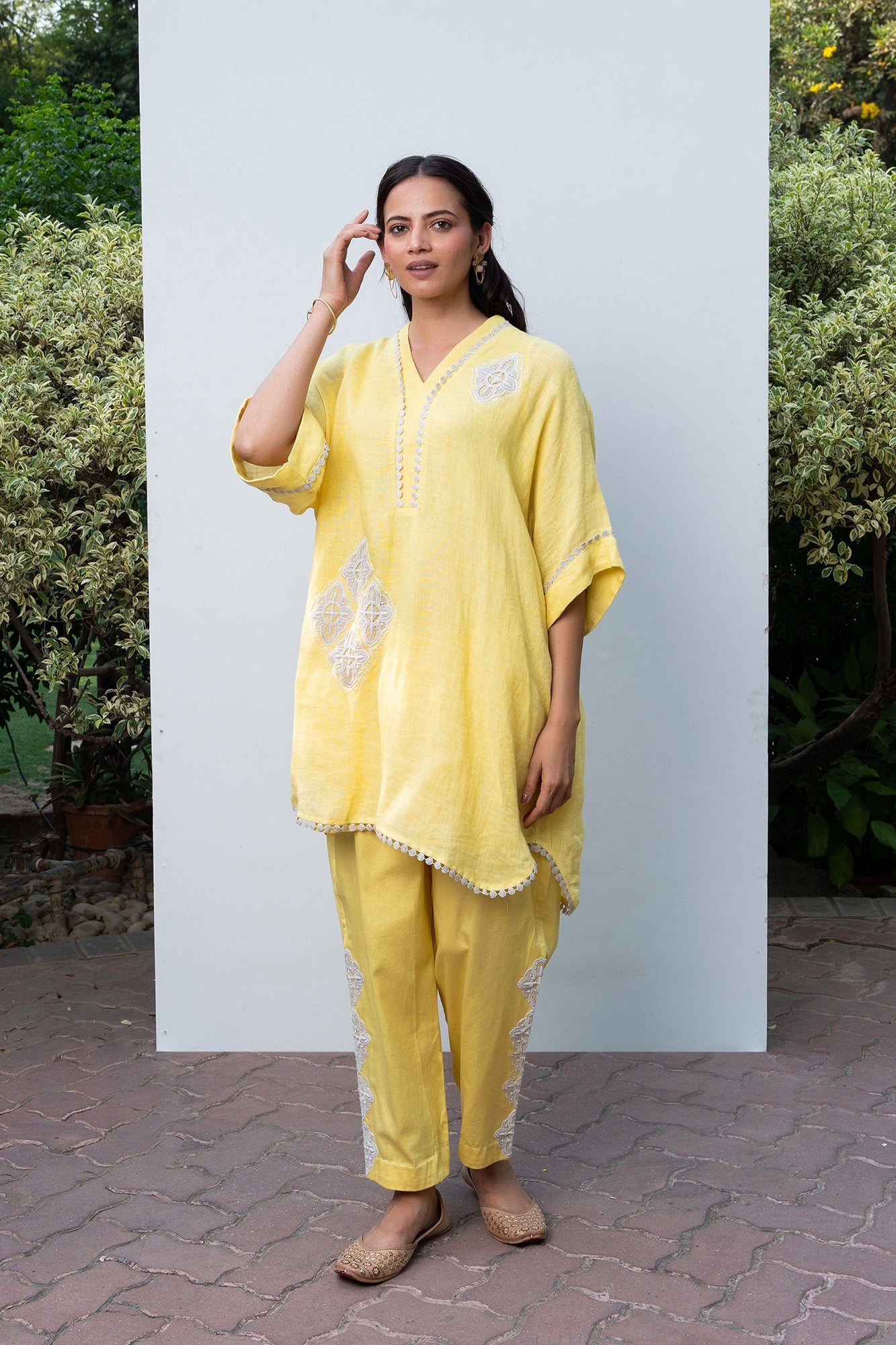 Lemon Yellow Linen Kaftan Kurta Set