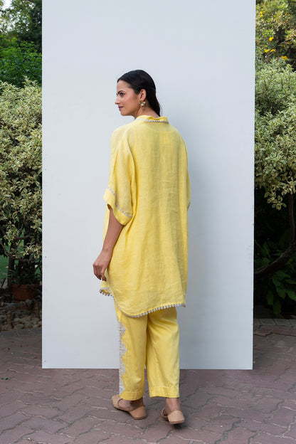 Lemon Yellow Linen Kaftan Kurta Set