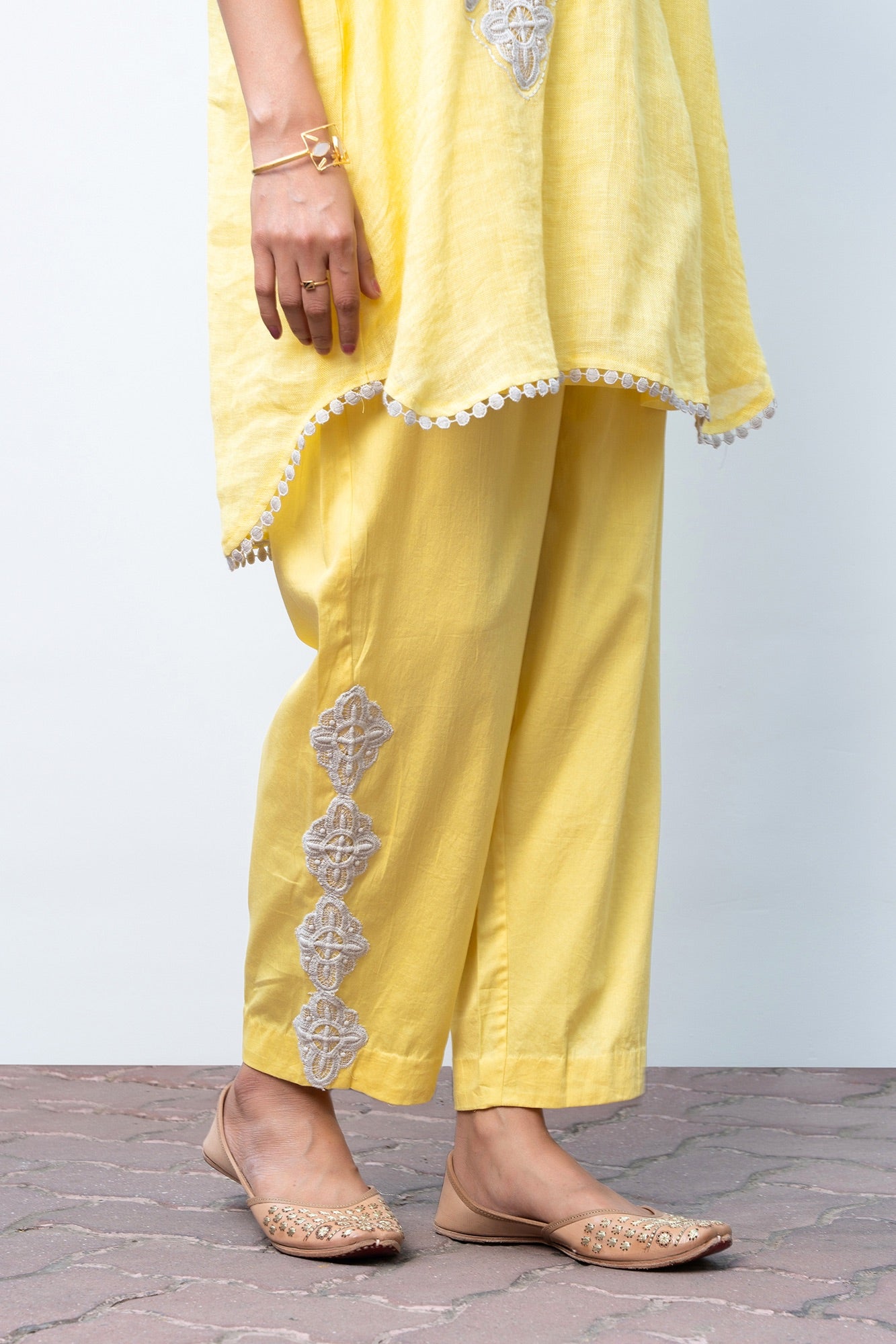 Lemon Yellow Linen Kaftan Kurta Set