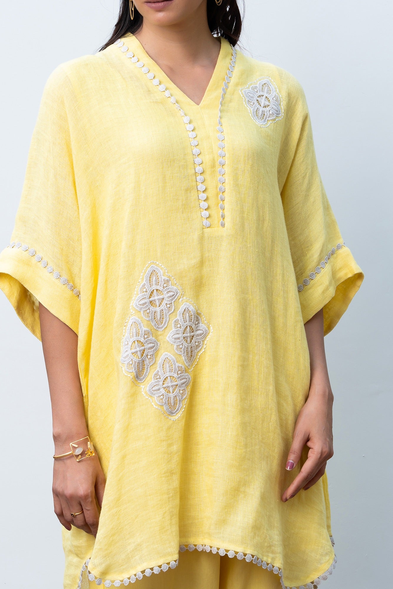 Lemon Yellow Linen Kaftan Kurta Set