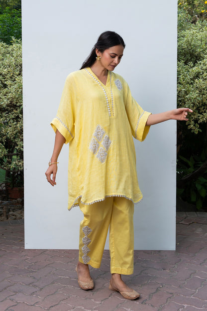 Lemon Yellow Linen Kaftan Kurta Set