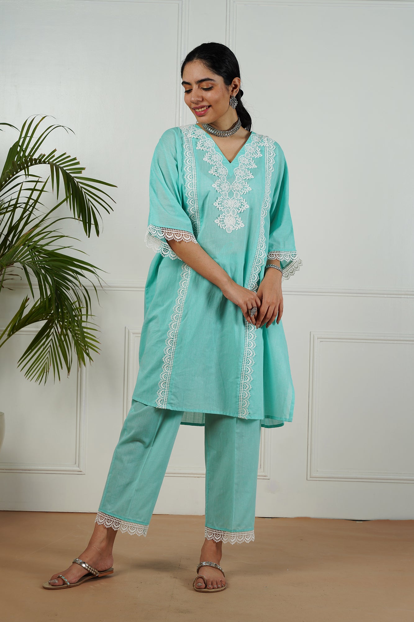 Aqua Lace Neck Kurta Set