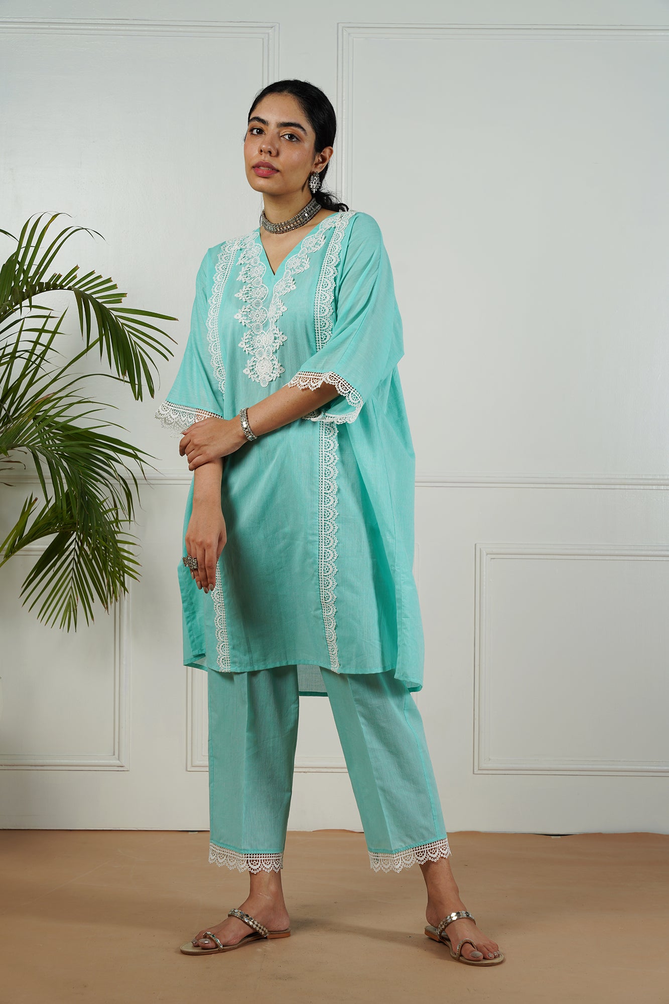 Aqua Lace Neck Kurta Set