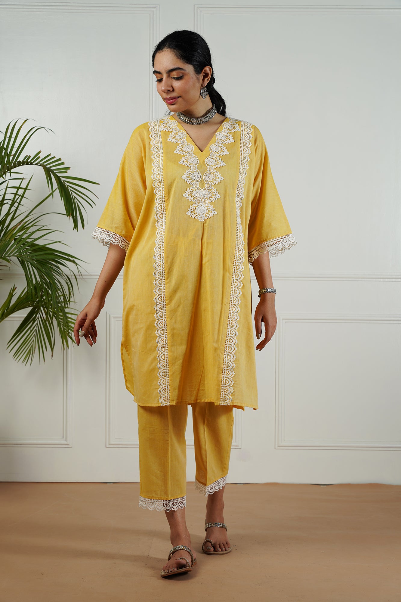 Yellow Lace Neck Kurta Set