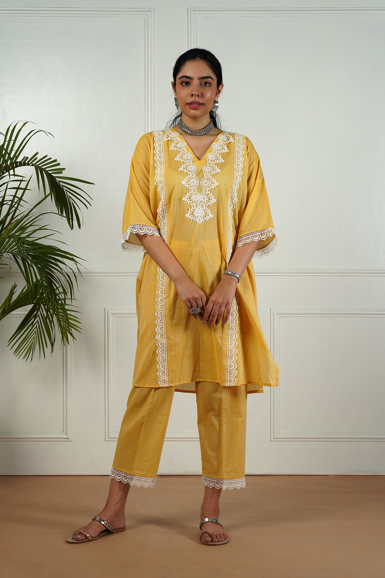 Yellow Lace Neck Kurta Set