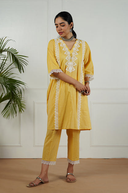 Yellow Lace Neck Kurta Set