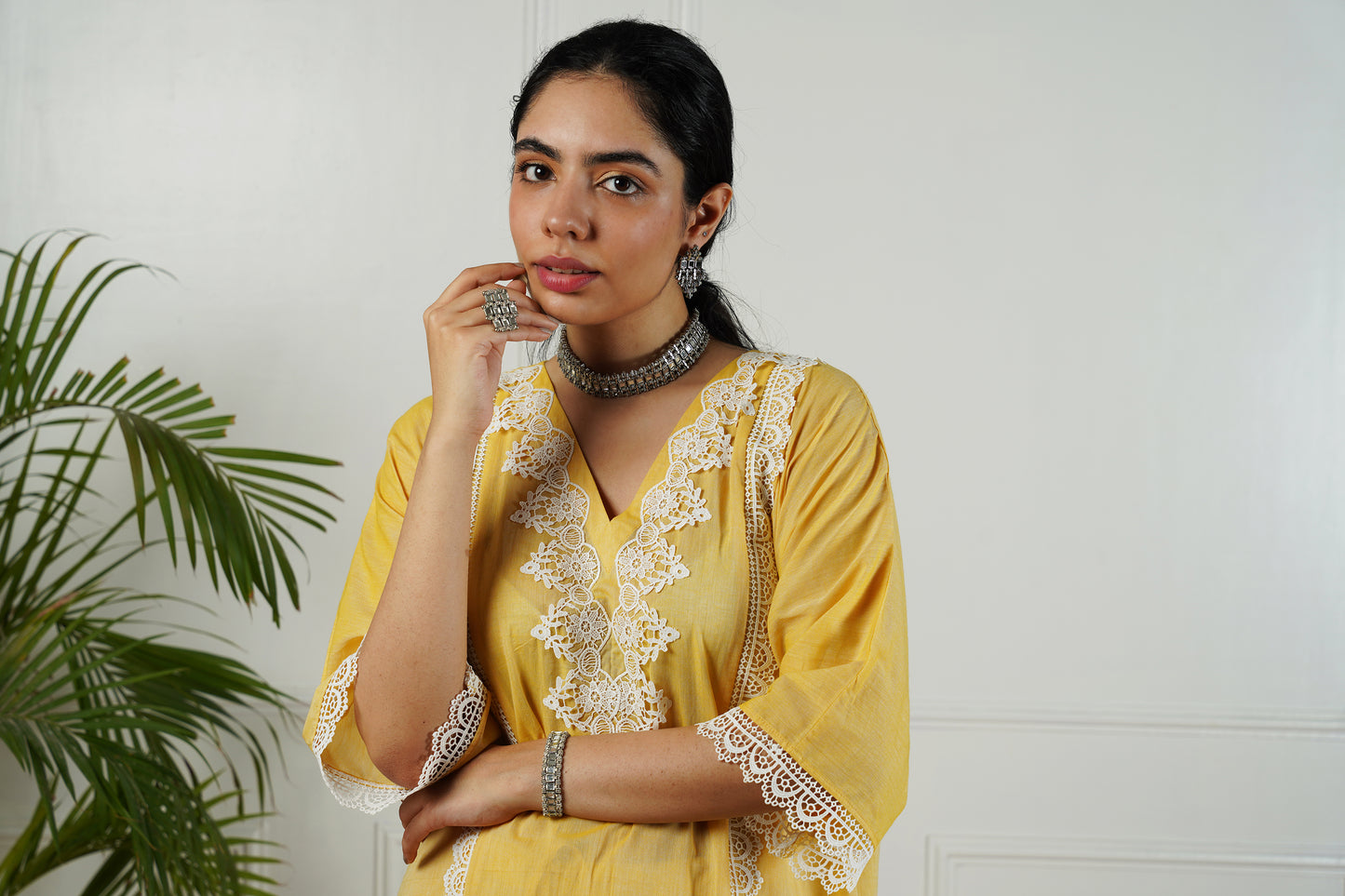 Yellow Lace Neck Kurta Set