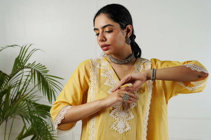 Yellow Lace Neck Kurta Set